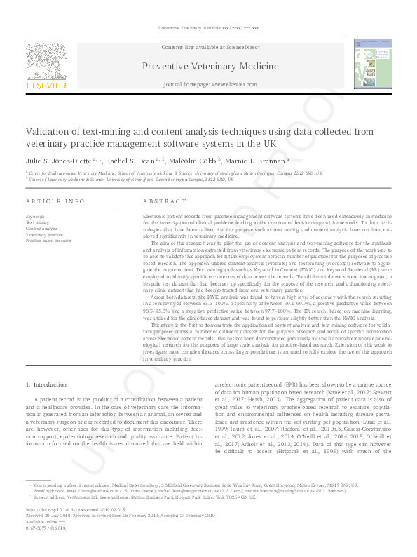 Validation of text-mining and content analysis techniques using data collected from veterinary practice management software systems in the UK Thumbnail