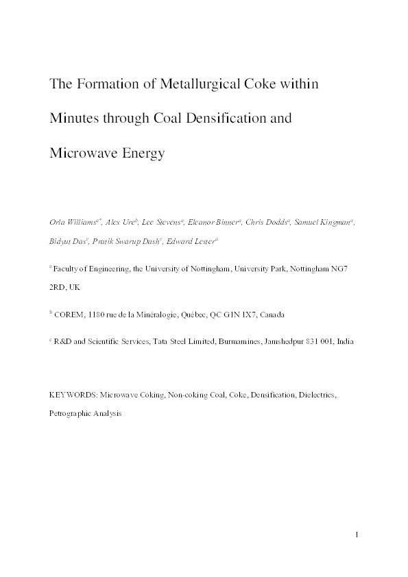 Formation of Metallurgical Coke within Minutes through Coal Densification and Microwave Energy Thumbnail