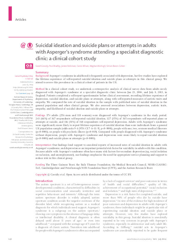 Suicidal ideation and suicide plans or attempts in adults with Asperger's syndrome attending a specialist diagnostic clinic: a clinical cohort study Thumbnail