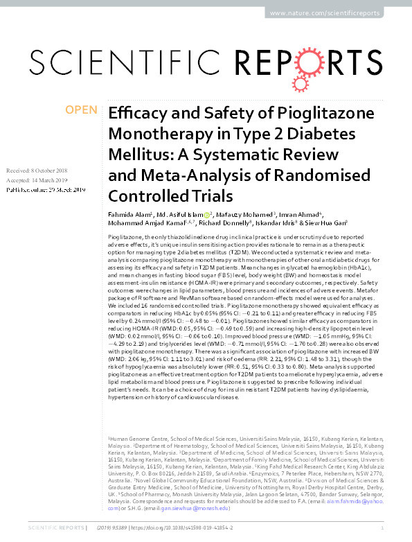 Efficacy and Safety of Pioglitazone Monotherapy in Type 2 Diabetes Mellitus: A Systematic Review and Meta-Analysis of Randomised Controlled Trials Thumbnail