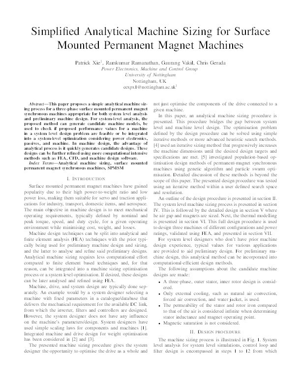 Simplified Analytical Machine Sizing for Surface Mounted Permanent Magnet Machines Thumbnail