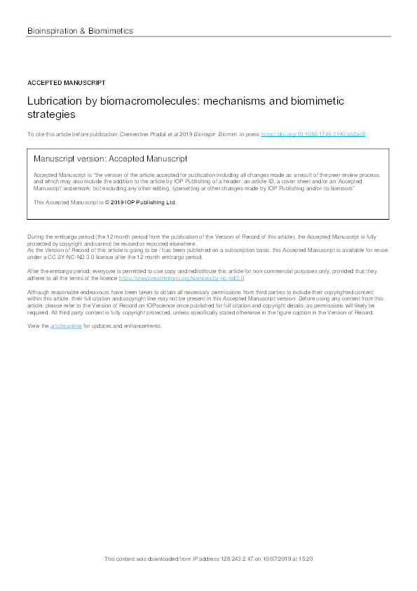 Lubrication by biomacromolecules: mechanisms and biomimetic strategies Thumbnail