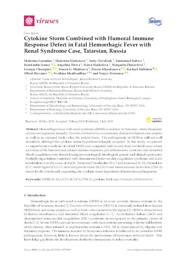 Cytokine Storm Combined with Humoral Immune Response Defect in Fatal Hemorrhagic Fever with Renal Syndrome Case, Tatarstan, Russia Thumbnail