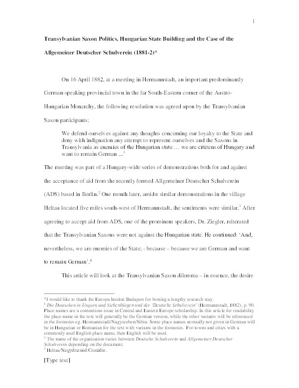 Transylvanian Saxon Politics, Hungarian State Building and the Case of the Allgemeiner Deutscher Schulverein (1881-82) Thumbnail