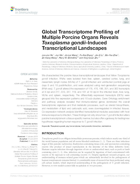 Global Transcriptome Profiling of Multiple Porcine Organs Reveals Toxoplasma gondii-Induced Transcriptional Landscapes Thumbnail