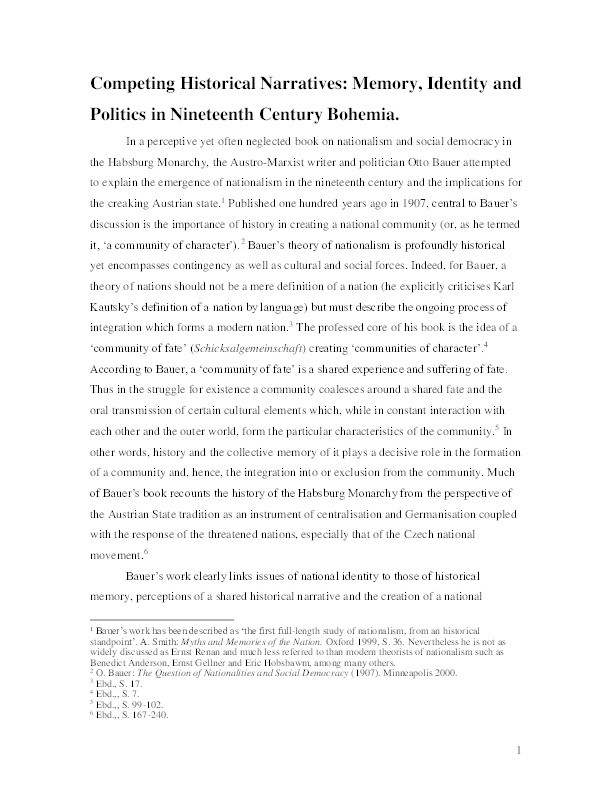 Competing Historical Narratives: Memory, Identity and Politics in Nineteenth Century Bohemia Thumbnail