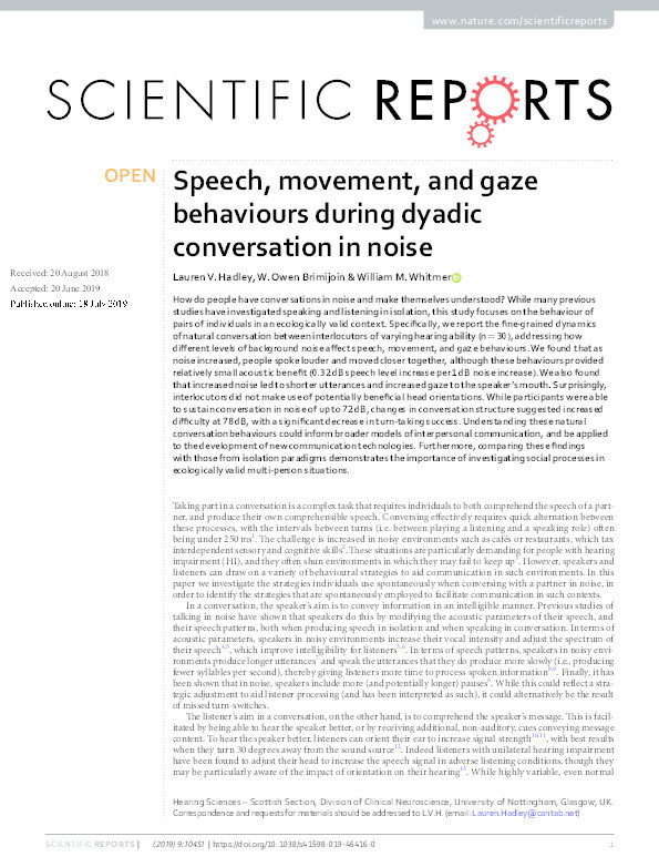 Speech, movement and gaze behaviours during dyadic conversation in noise Thumbnail