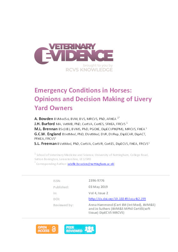 Emergency Conditions in Horses: Opinions and Decision Making of Livery Yard Owners Thumbnail