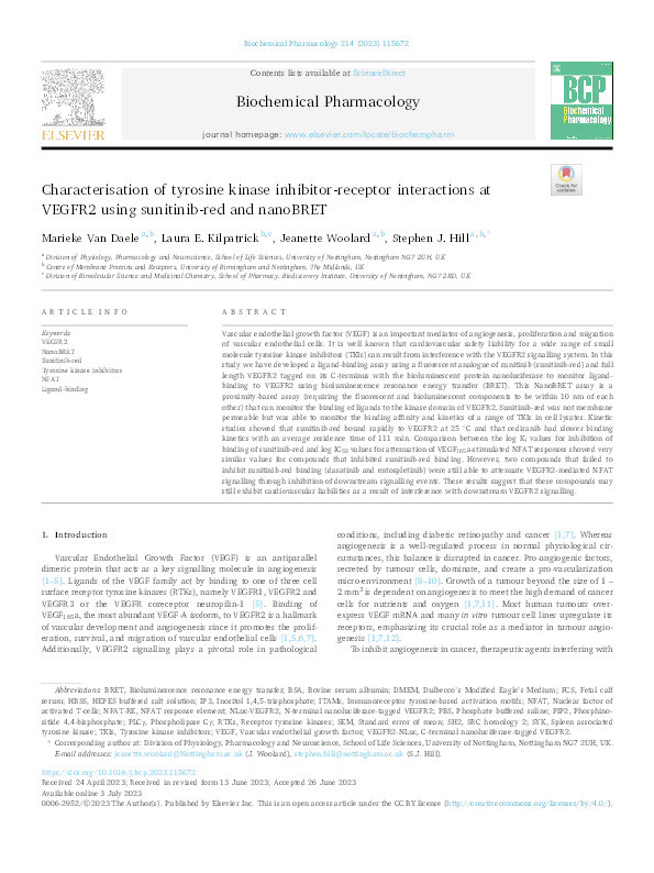 Characterisation of tyrosine kinase inhibitor-receptor interactions at VEGFR2 using sunitinib-red and nanoBRET Thumbnail