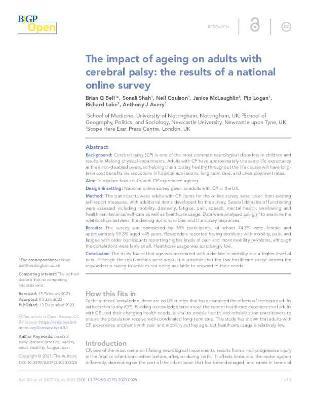 The impact of ageing on adults with cerebral palsy Thumbnail