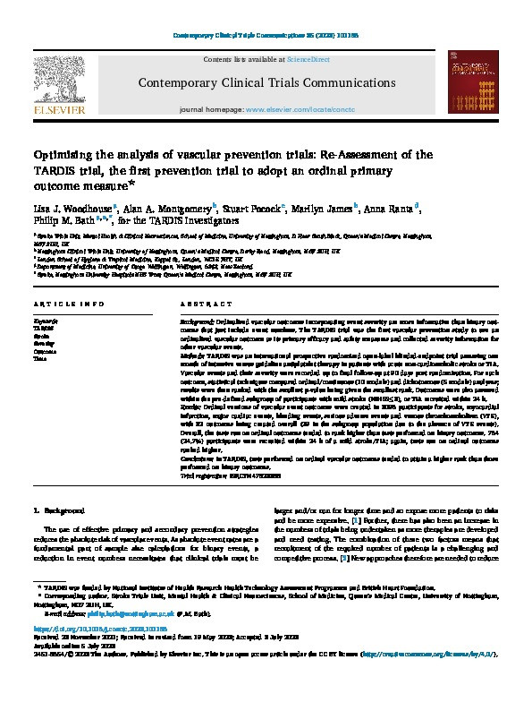 Optimising the analysis of vascular prevention trials: Re-Assessment of the TARDIS trial, the first prevention trial to adopt an ordinal primary outcome measure Thumbnail