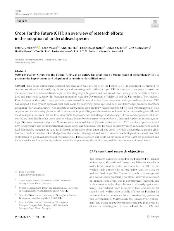 Crops For the Future (CFF): an overview of research efforts in the adoption of underutilised species Thumbnail