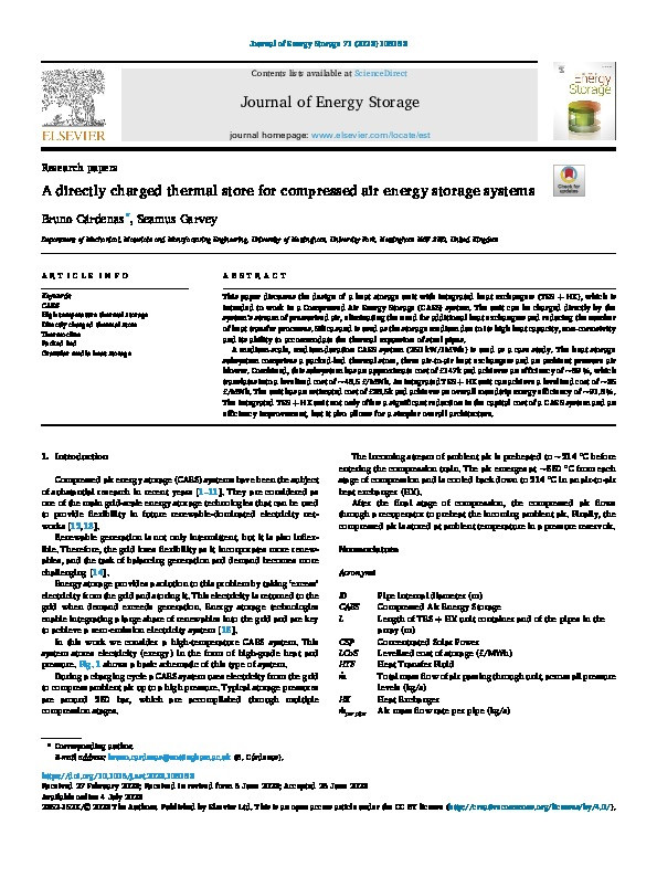 A directly charged thermal store for compressed air energy storage systems Thumbnail