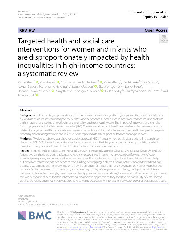 Targeted health and social care interventions for women and infants who are disproportionately impacted by health inequalities in high-income countries: a systematic review Thumbnail