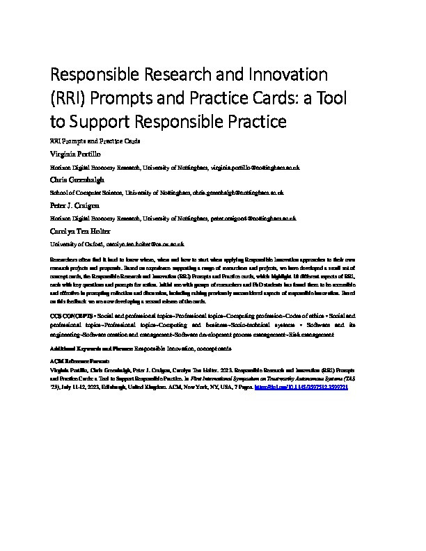 Responsible Research and Innovation (RRI) Prompts and Practice Cards: a Tool to Support Responsible Practice Thumbnail