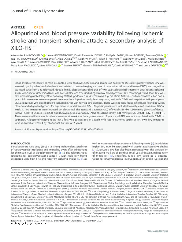 Allopurinol and blood pressure variability following ischemic stroke and transient ischemic attack: a secondary analysis of XILO-FIST Thumbnail