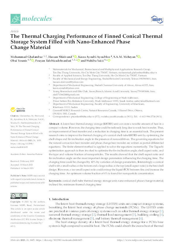 The Thermal Charging Performance of Finned Conical Thermal Storage System Filled with Nano-Enhanced Phase Change Material Thumbnail