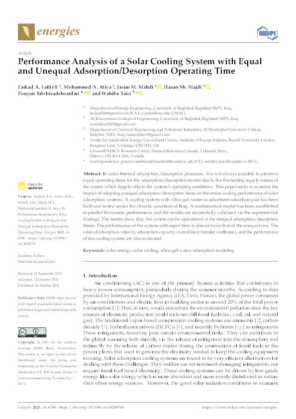 Performance Analysis of a Solar Cooling System with Equal and Unequal Adsorption/Desorption Operating Time Thumbnail