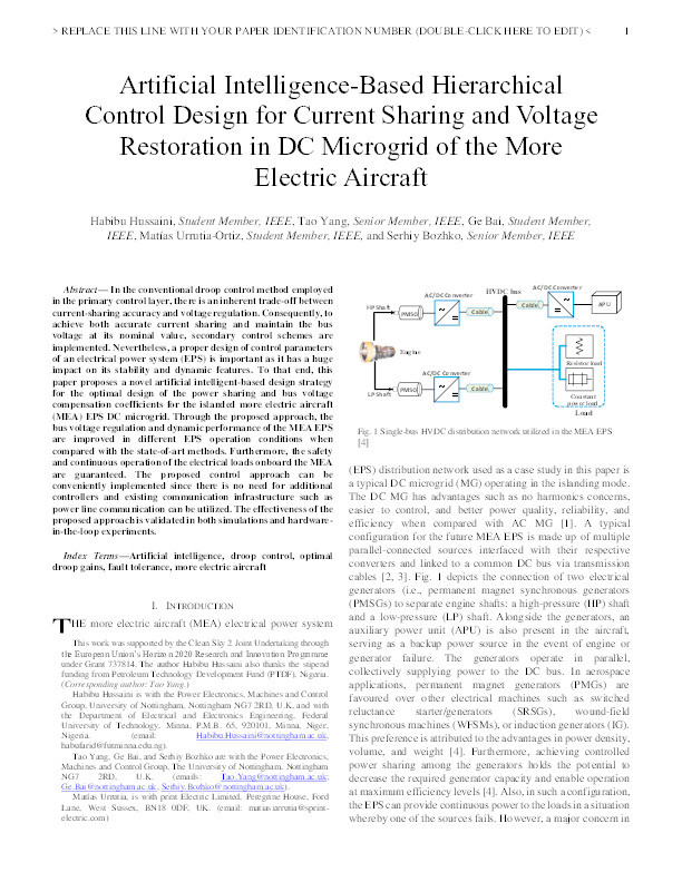 Artificial Intelligence-Based Hierarchical Control Design for Current Sharing and Voltage Restoration in DC Microgrid of the More Electric Aircraft Thumbnail