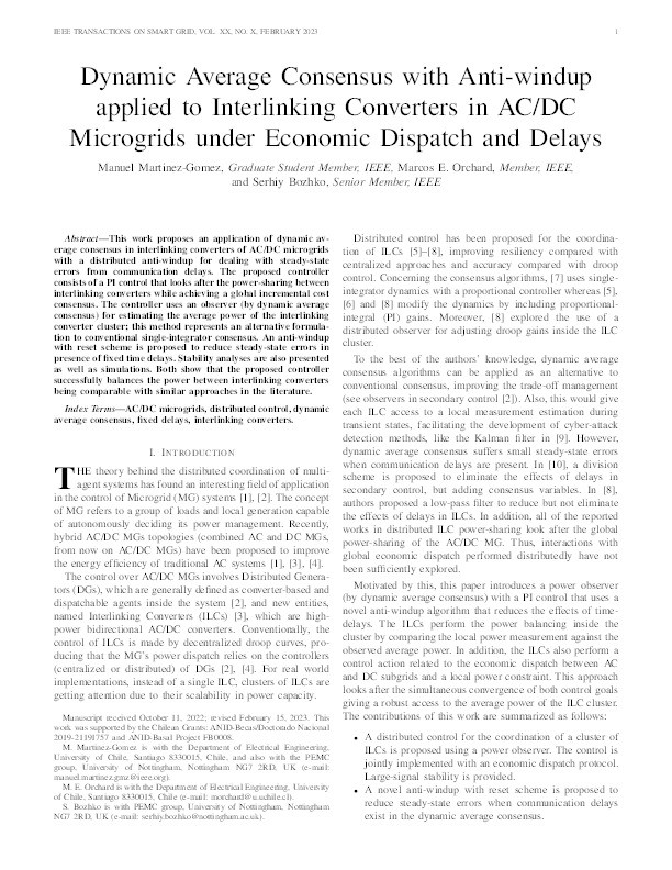 Dynamic Average Consensus with Anti-windup applied to Interlinking Converters in AC/DC Microgrids under Economic Dispatch and Delays Thumbnail