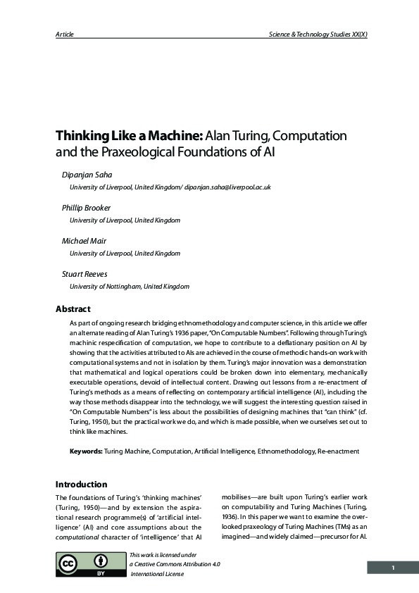 Thinking Like a Machine: Alan Turing, Computation and the Praxeological Foundations of AI Thumbnail