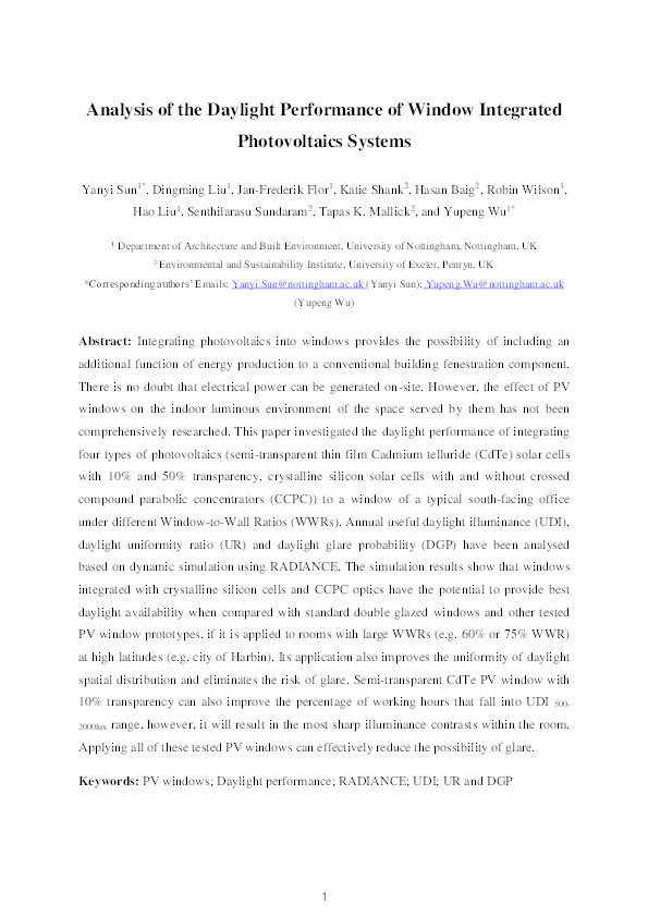 Analysis of the daylight performance of window integrated photovoltaics systems Thumbnail