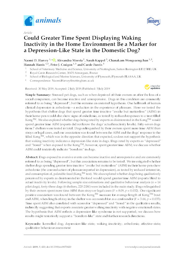 Could Greater Time Spent Displaying Waking Inactivity in the Home Environment Be a Marker for a Depression-Like State in the Domestic Dog? Thumbnail