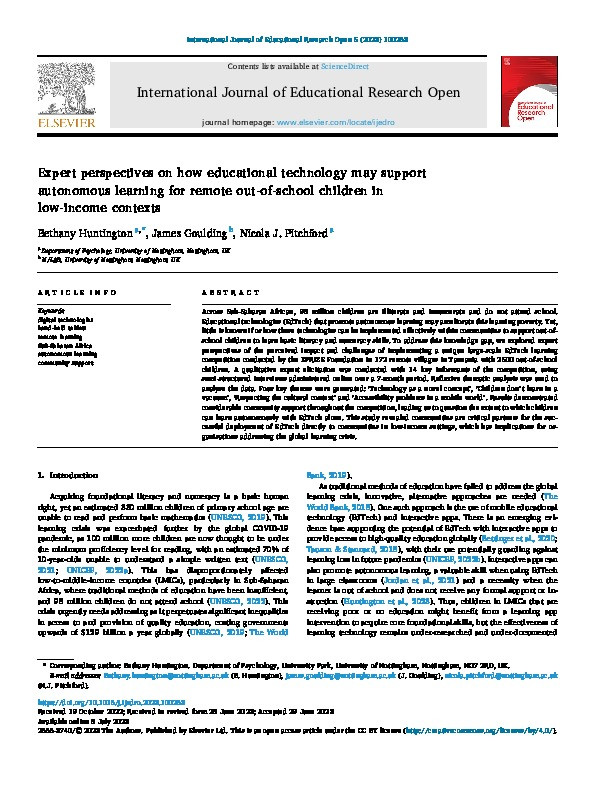 Expert perspectives on how educational technology may support autonomous learning for remote out-of-school children in low-income contexts Thumbnail