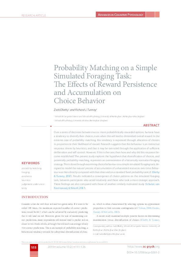Probability Matching on a Simple Simulated Foraging Task: The Effects of Reward Persistence and Accumulation on Choice Behavior Thumbnail