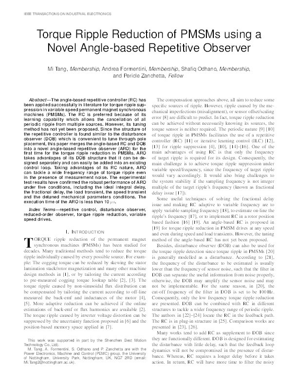Torque Ripple Reduction of PMSMs Using a Novel Angle-Based Repetitive Observer Thumbnail