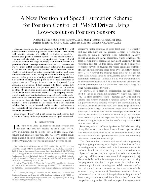 A New Position and Speed Estimation Scheme for Position Control of PMSM Drives Using Low-Resolution Position Sensors Thumbnail