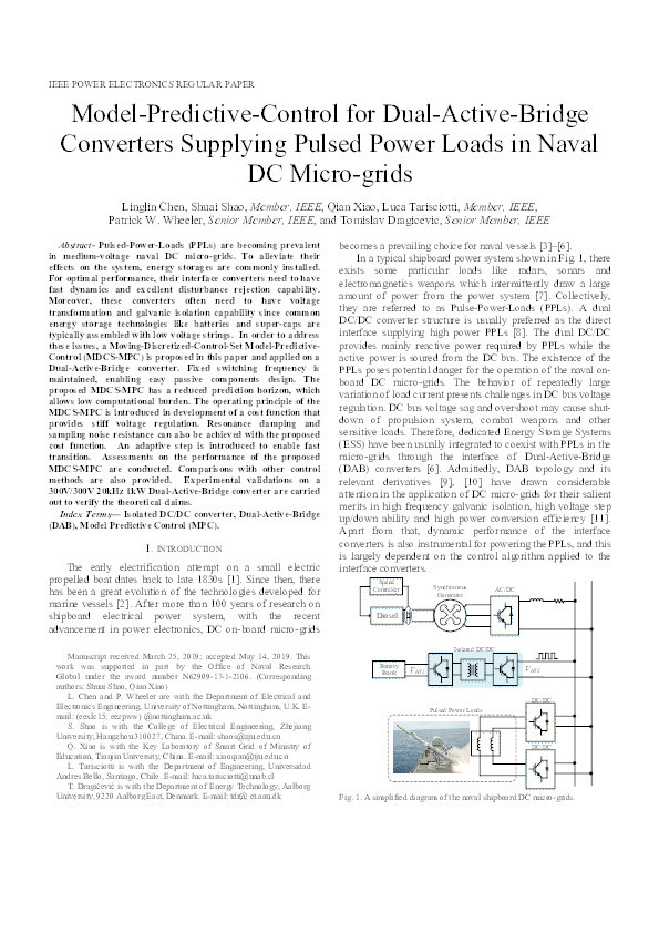 Model-Predictive-Control for Dual-Active-Bridge Converters Supplying Pulsed Power Loads in Naval DC Micro-grids Thumbnail
