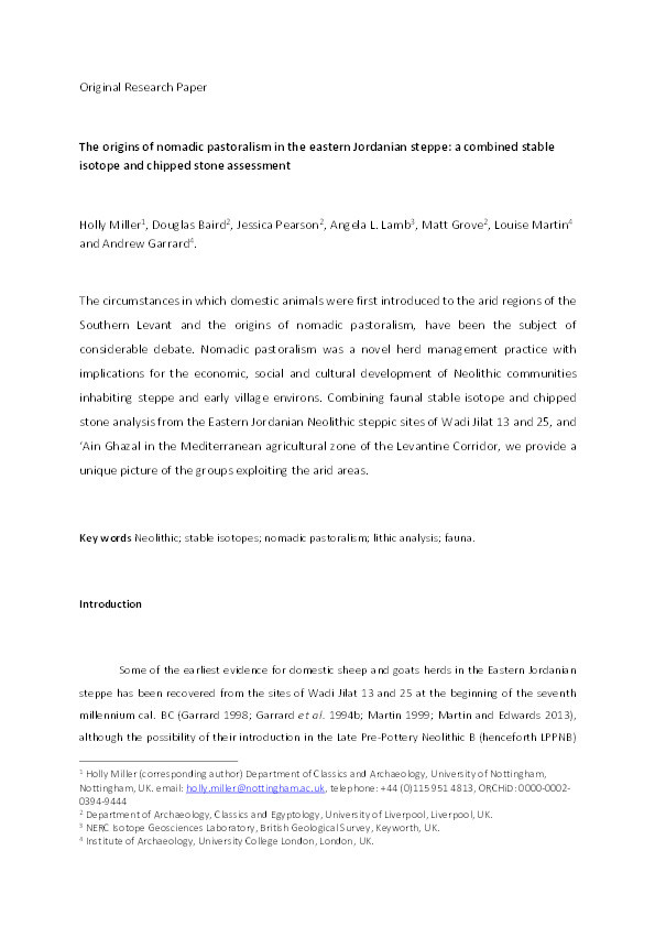 The origins of nomadic pastoralism in the eastern Jordanian steppe: a combined stable isotope and chipped stone assessment Thumbnail