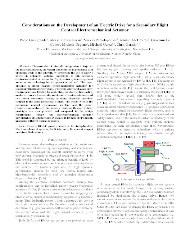 Considerations on the Development of an Electric Drive for a Secondary Flight Control Electromechanical Actuator Thumbnail