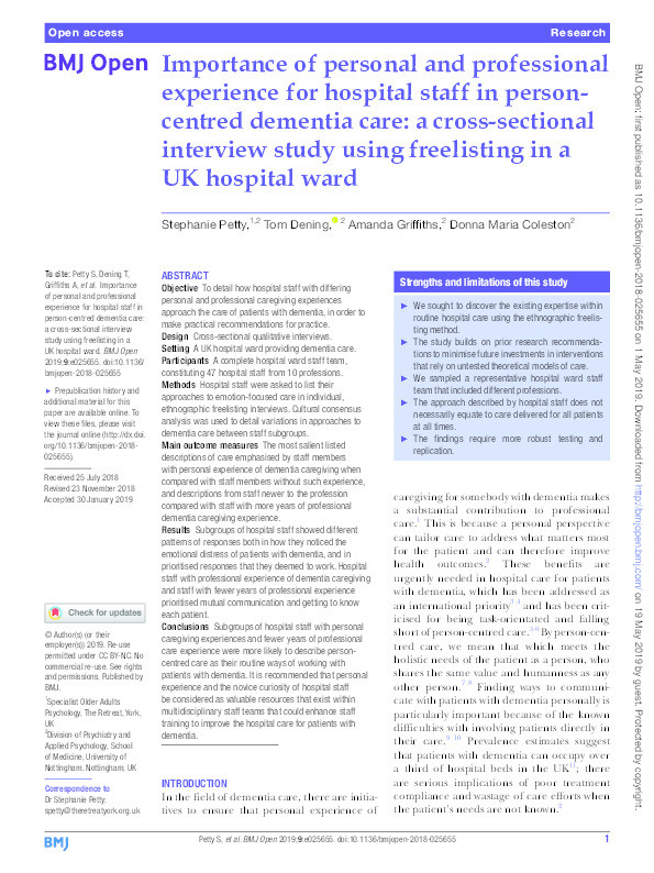 Importance of personal and professional experience for hospital staff in person-centred dementia care: a cross-sectional interview study using freelisting in a UK hospital ward Thumbnail