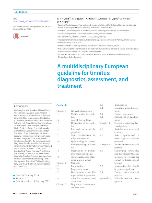 A multidisciplinary European guideline for tinnitus: diagnostics, assessment, and treatment Thumbnail