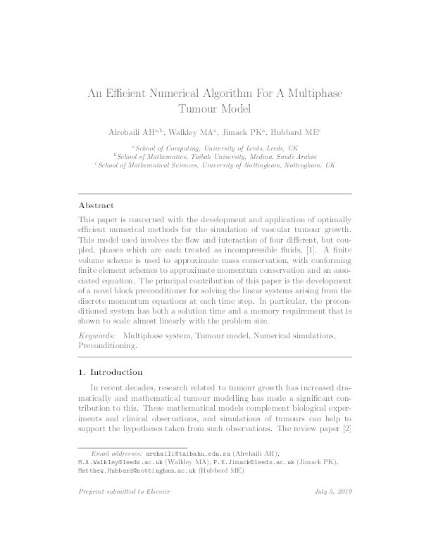 An efficient numerical algorithm for a multiphase tumour model Thumbnail