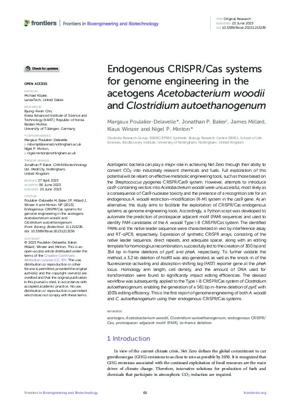 Endogenous CRISPR/Cas systems for genome engineering in the acetogens Acetobacterium woodii and Clostridium autoethanogenum Thumbnail