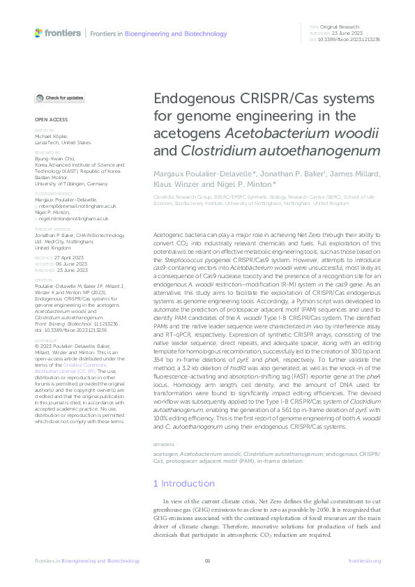 Endogenous CRISPR/Cas systems for genome engineering in the acetogens Acetobacterium woodii and Clostridium autoethanogenum Thumbnail