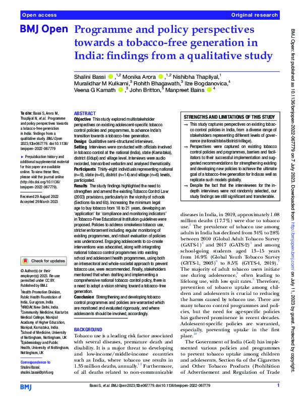 Programme and policy perspectives towards a tobacco-free generation in India: findings from a qualitative study Thumbnail