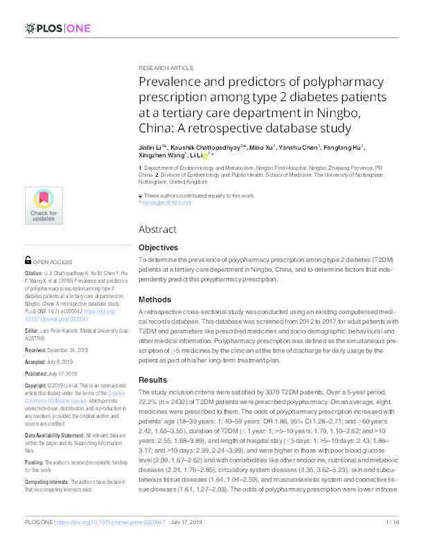 Prevalence and predictors of polypharmacy prescription among type 2 diabetes patients at a tertiary care department in Ningbo, China: A retrospective database study Thumbnail