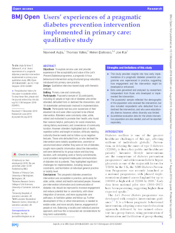 Users’ experiences of a pragmatic diabetes prevention intervention implemented in primary care: Qualitative study Thumbnail