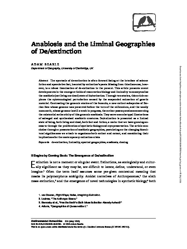 Anabiosis and the liminal geographies of de/extinction Thumbnail