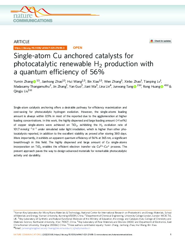 Single-atom Cu anchored catalysts for photocatalytic renewable H2 production with a quantum efficiency of 56% Thumbnail