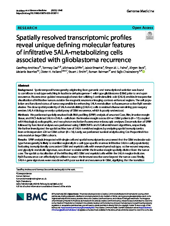 Spatially resolved transcriptomic profiles reveal unique defining molecular features of infiltrative 5ALA-metabolizing cells associated with glioblastoma recurrence Thumbnail