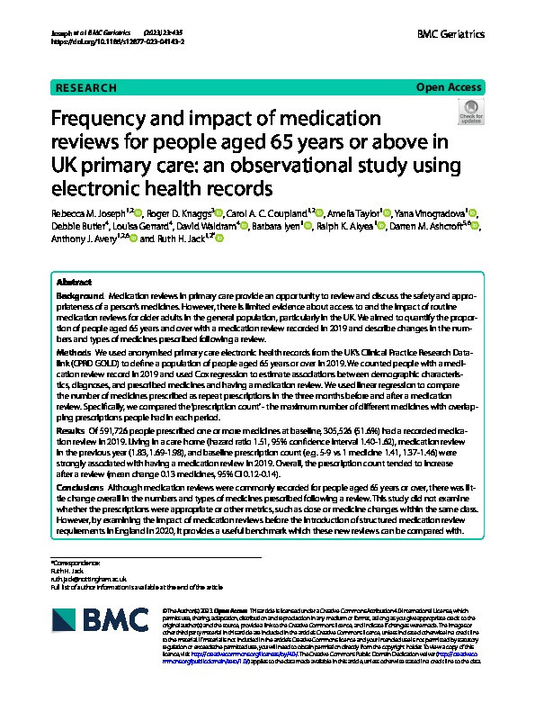 Frequency and impact of medication reviews for people aged 65 years or above in UK primary care: an observational study using electronic health records Thumbnail