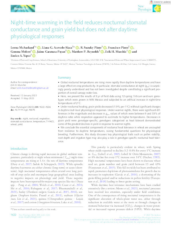 Night‐time warming in the field reduces nocturnal stomatal conductance and grain yield but does not alter daytime physiological responses Thumbnail