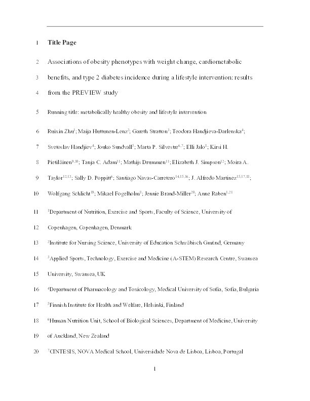 Associations of obesity phenotypes with weight change, cardiometabolic benefits, and type 2 diabetes incidence during a lifestyle intervention: results from the PREVIEW study Thumbnail