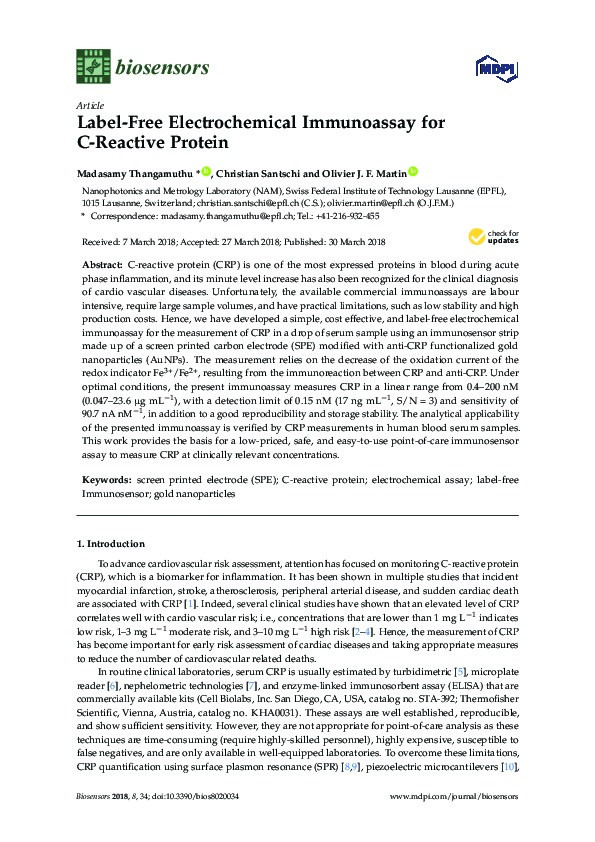 Label-Free Electrochemical Immunoassay for C-Reactive Protein Thumbnail