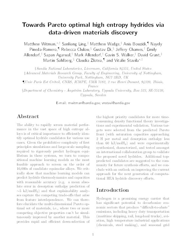 Towards Pareto optimal high entropy hydrides via data-driven materials discovery Thumbnail